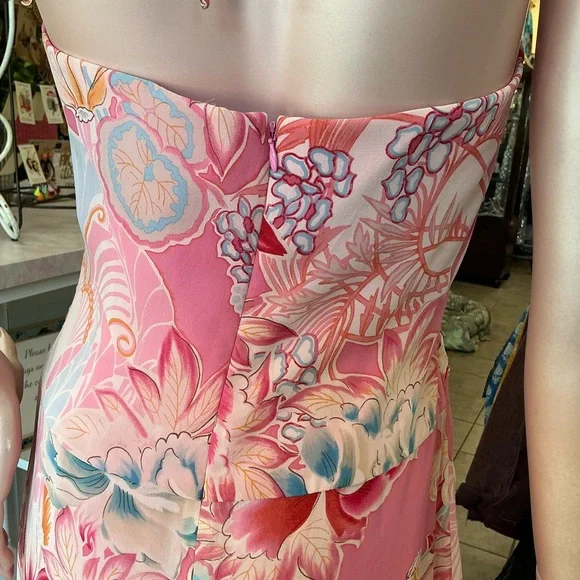 Kay Unger 100% Silk vintage midi maxi dress pink lined halter ruffles XS S - Picture 10 of 16